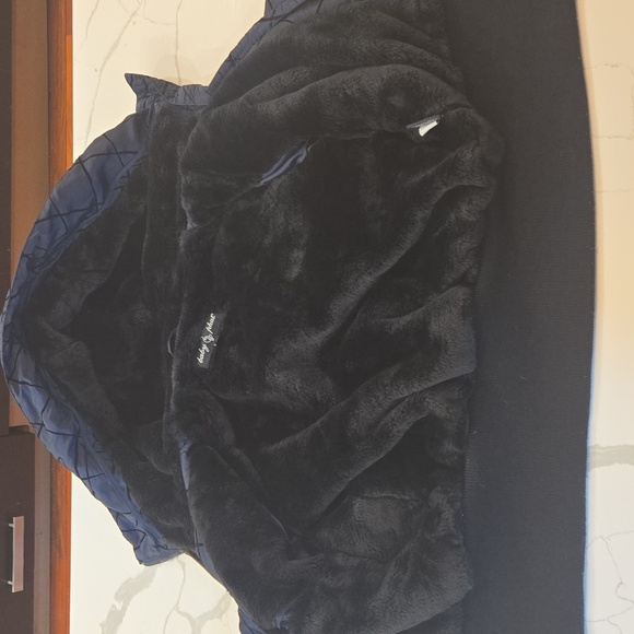 VTG Y2K Baby Phat Quilted Faux Fur Hoodie Bomber Jacket Blue Black Sz Large - Picture 14 of 16